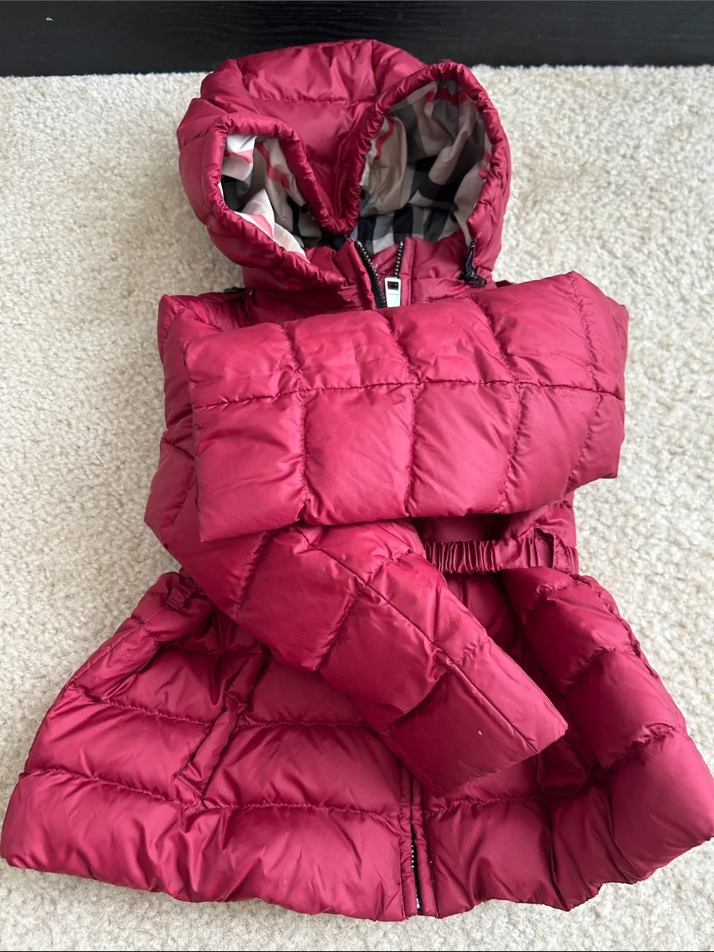 Burberry Kids Maroon Hooded Puffer Coat with Signature Check Lining